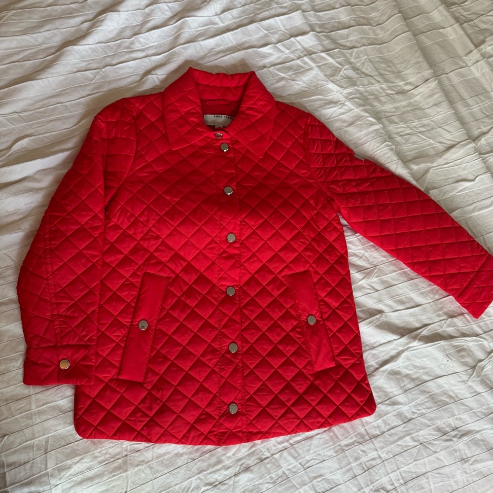 Anne Klein Vibrant Red Quilted Jacket Snap Up Buttons Women’s Size Small